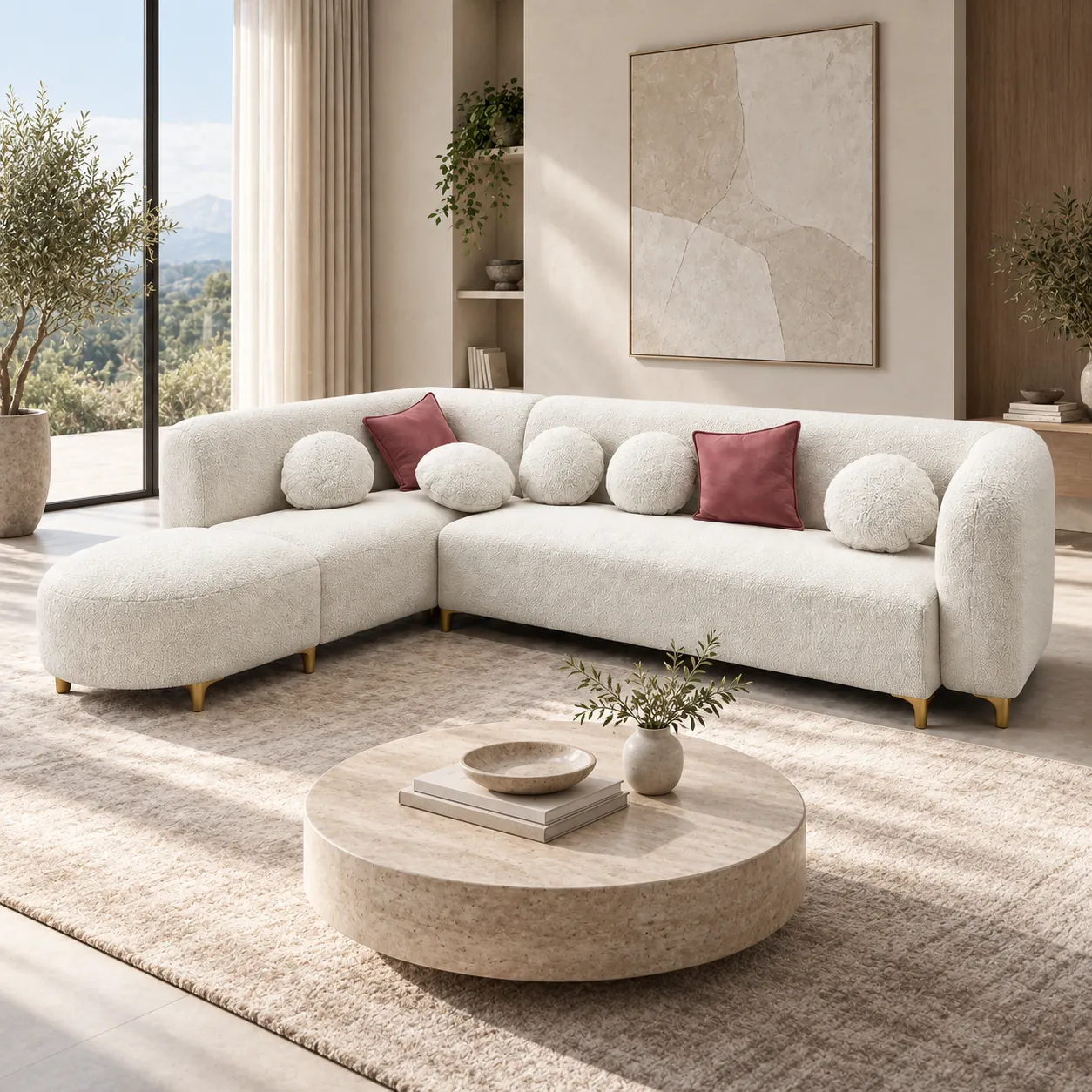 The Portofino Bouclé Sectional in a living room